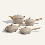 Beige large cookware set - large always pan, perfect pot, mini perfect pot and ini always pan